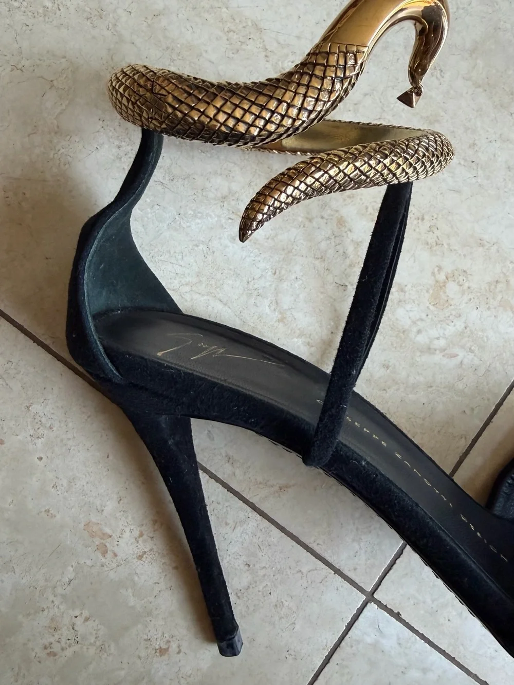 Giuseppe Zanotti Black Suede Heels with Gold Snake Detail sz 39